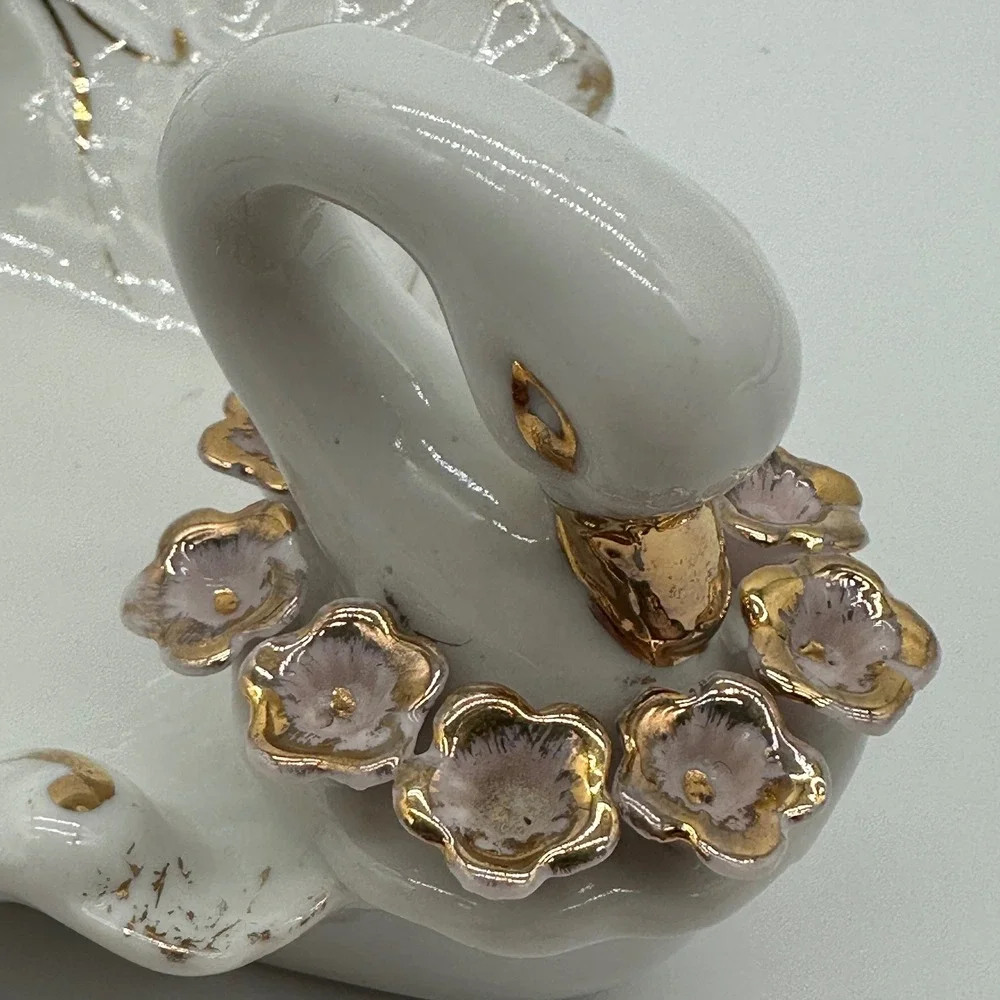 Vintage Lefton China Hand Painted Swan Trinket Dish Gold Trim Pink Flowers 954A